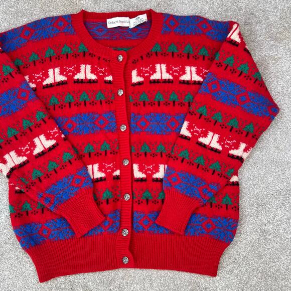 Vintage Robert Scott Ltd 100% Wool Holiday Ice Skate Cardigan Knit Sweater (M) - Picture 7 of 10